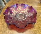 Vintage Fenton Red Iridescent Holly Berries Ruffled Carnival Glass Bowl