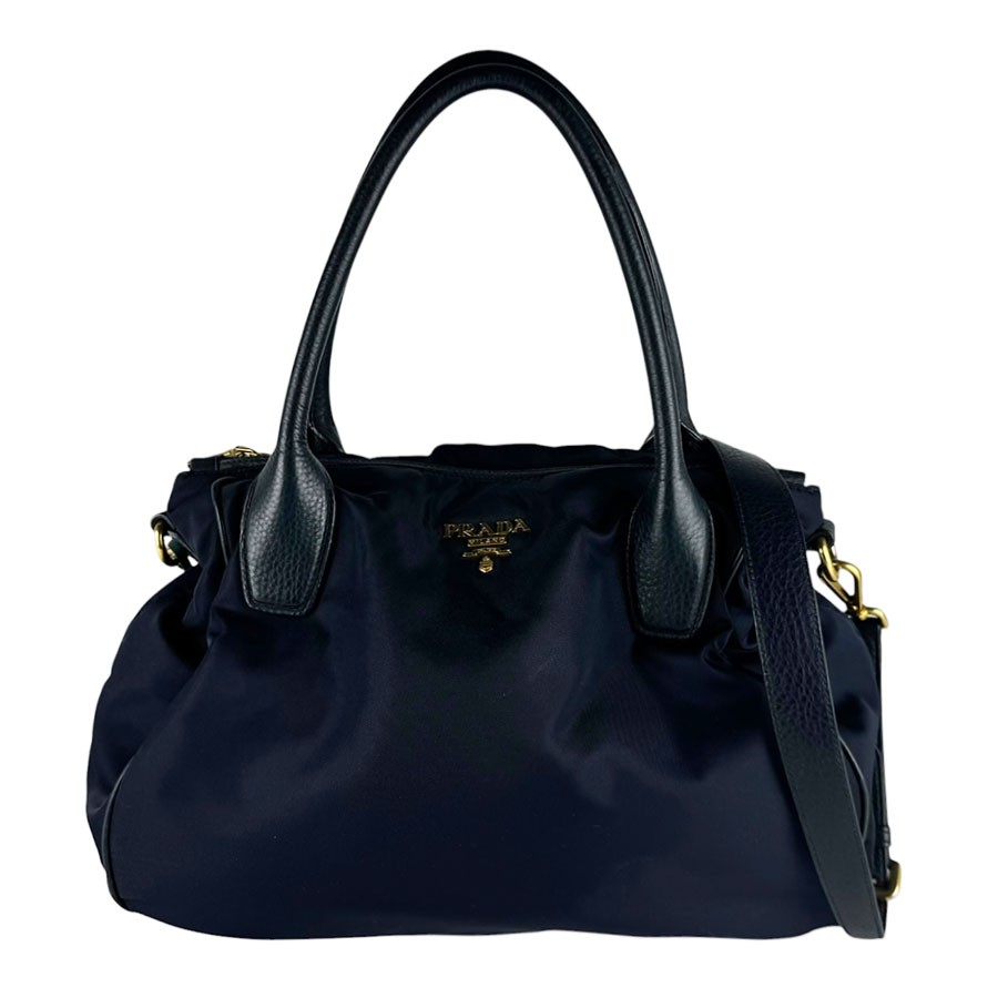 Auth PRADA Handbag Shoulder Bag Navy Nylon/Leather/Goldtone - z10602