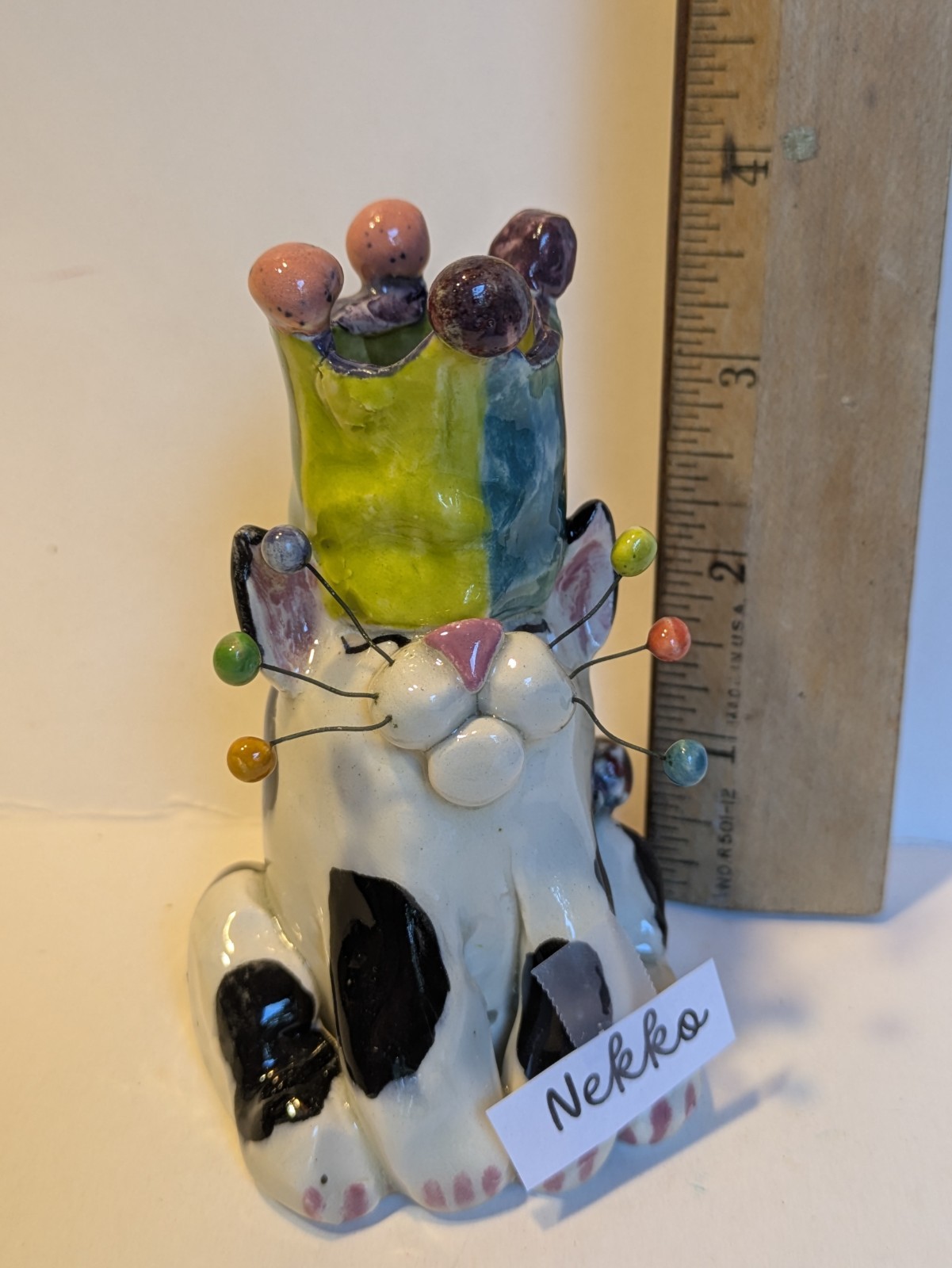 Black & White WhimsiClay Cat Candle Holder "Neo" Handmade in 1999 by Amy Lacombe