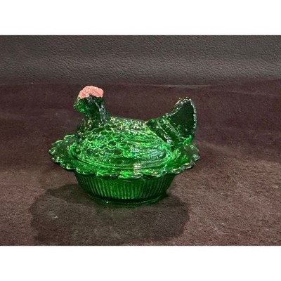 Mosser emerald green hand painted mini salt cellar hen on nest