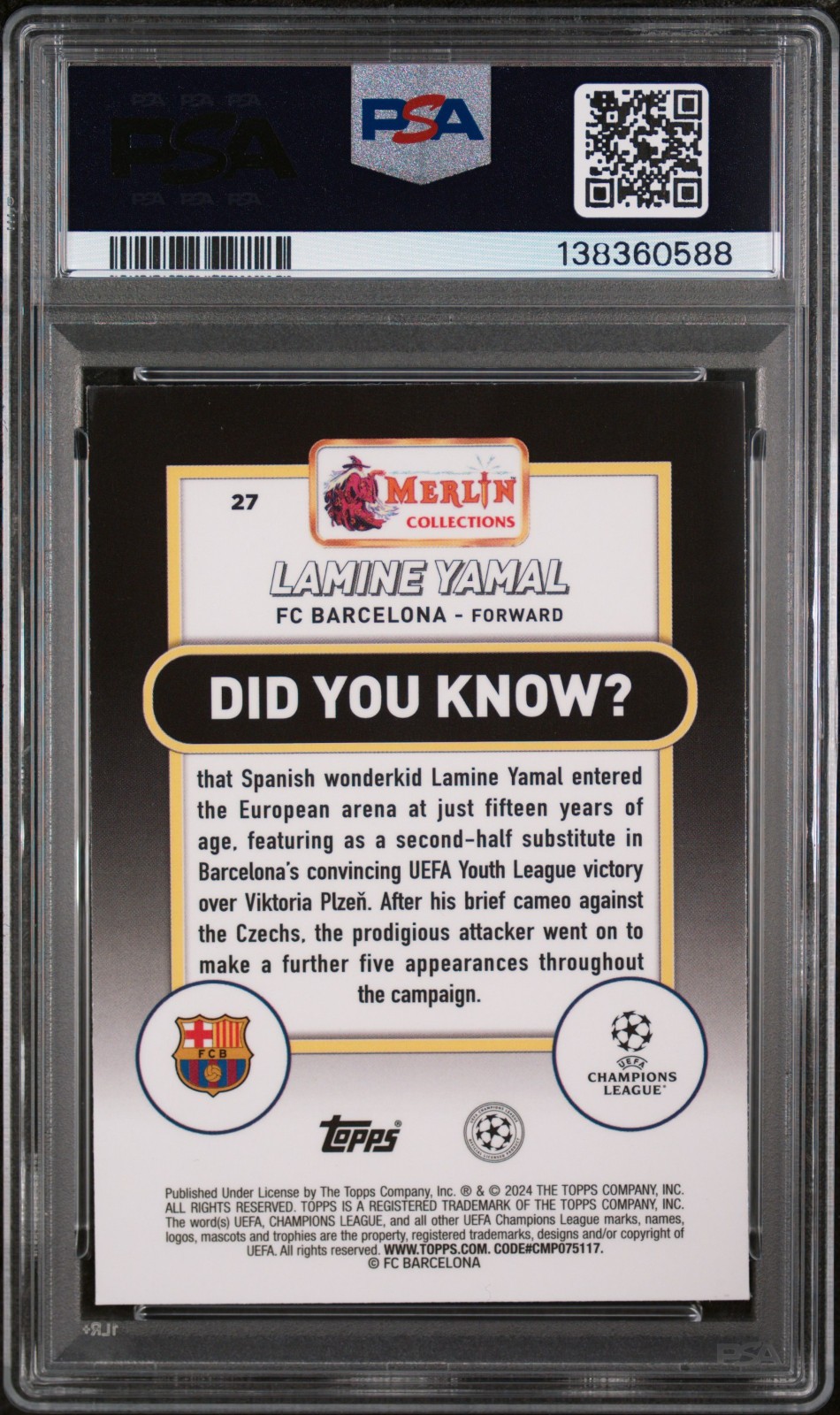 2023-24 Topps Merlin UEFA CC #27 Lamine Yamal Rookie RC PSA MINT 9 AUTO AUTH view 2