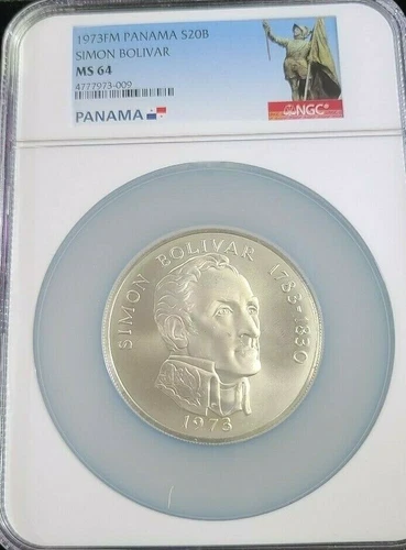 1973 PANAMA SILVER 20 BALBOAS S20B SIMON BOLIVAR NGC MS 64 BRIGHT BEAUTIFUL BU
