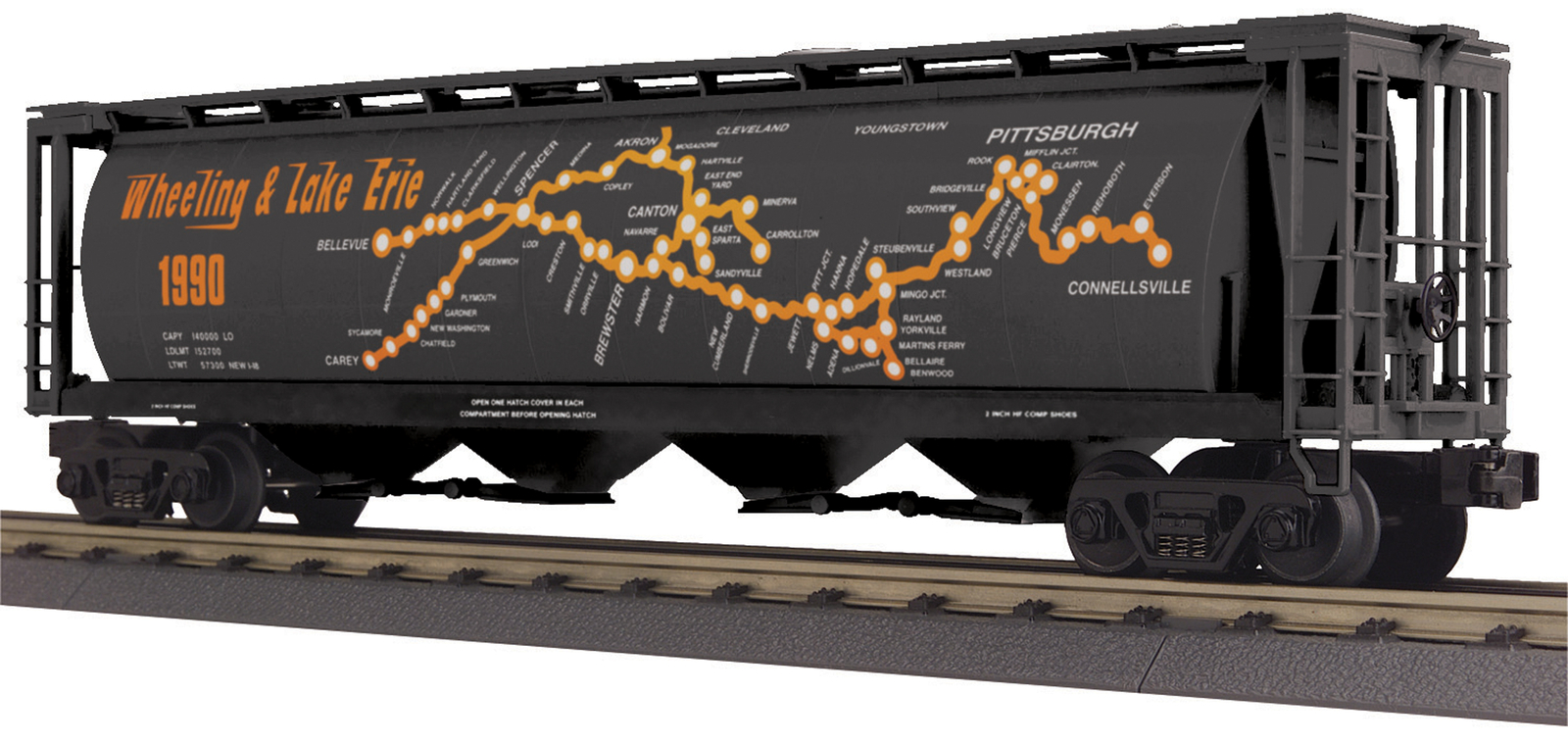 MTH 30-75598 O Wheeling and Lake Erie (Map) 4-Bay Cylindrical Hopper Car MTH 30-75598 O Wheeling and Lake Erie (Map) 4-Bay Cylindrical Hopper Car