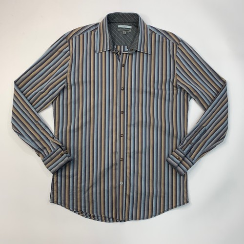 Johnston & Murphy Shirt Mens M Medium SLIM Fit Grey Striped Snap Button Dress - Picture 2 of 9