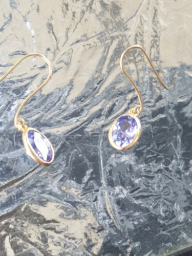 Tanzanite Lab Created Oval Cut Dangle Earrings 10kt Solid Yellow Gold - Picture 12 of 12