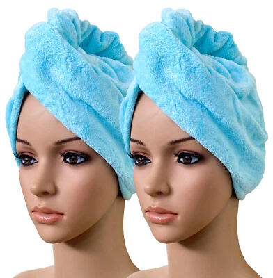Ensemble De 2 Turbans En Fleece Pour Les Cheveux Couleur Bleu Clair Avec Bouton - Photo 1/4