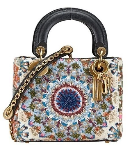 Sac à main et chaîne bandoulière Lady Dior motif fleurs perles 2 voies laine/cuir