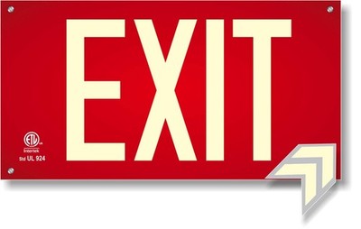Photoluminescent Exit Sign Red W/Holes and Hardware  Aluminum  UL 924 Code Ap...