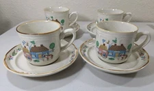 4 Vtg Heartland Village #105 International Tableworks Coffee Mugs Cups & Saucers
