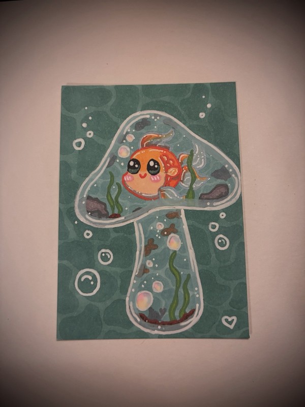ACEO OOAK Original Hand Drawn Mushroom Aquarium Fish Whimsical Sea Ocean Art