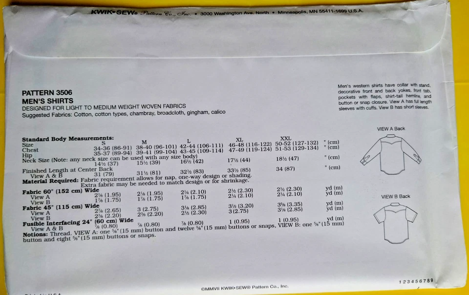 Kwik Sew 3506 Men's Western Shirt Sewing Pattern Long or Short Sleeves Sz S-XXL - Image 3 of 4