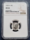 1955 S Roosevelt Dime 10c Silver Uncirculated Graded MS66 by NGC #93845