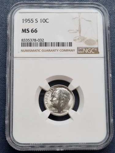1955 S Roosevelt Dime 10c Silver Uncirculated Graded MS66 by NGC #93845