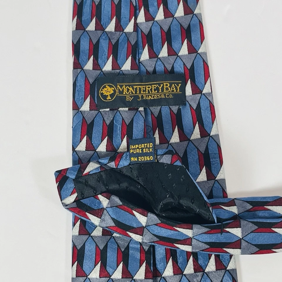 Monterey Bay 100% Silk Neck Tie Blue/Red/Silver/Black Geometric 3 7/8” - Image 4 of 4