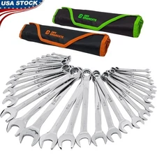 30 Piece Combination Wrench Set SAE Metric CRV Steel W/ Rolling Pouch Storage US