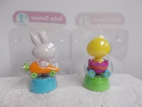 2 Solar Dancing White Bunny In Carrot Car Yellow Chick In Cracked Egg Decor New - Picture 2 of 2