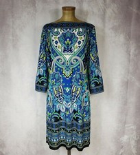 SANDRA DARREN Jersey Shift Dress Stretch 3/4 Sleeve BLUE & BLACK  MEDALLION 8