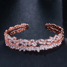 Adjustable Baguette CZ Crystal Bridal 585 Rose Gold Plated Open Cuff Bangle 