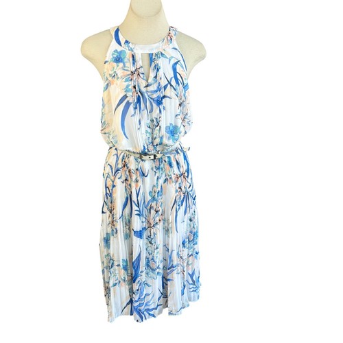 Alfani Blue Floral Flowy Halter Belted Dress With Keyhole Accent Size 16