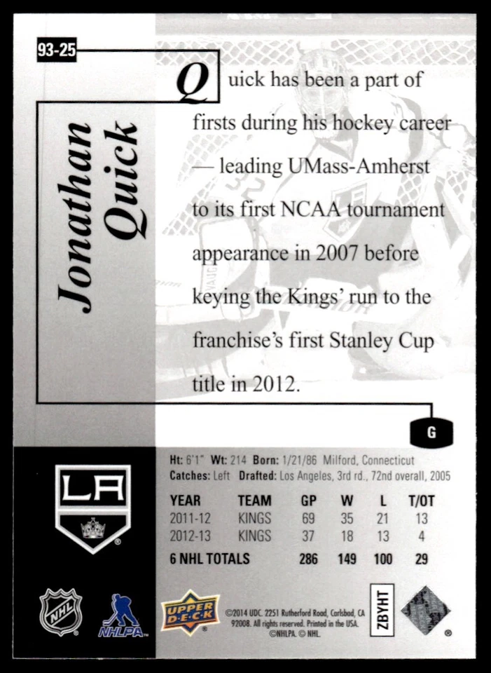 2013-14 SP Authentic 1993-94 Retro Jonathan Quick Los Angeles Kings #93-25 - Image 2 of 2