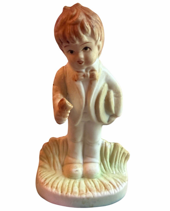Ceramic Angel Boy Figurine, White/Brown Painted Kids People Theme, Unboxed