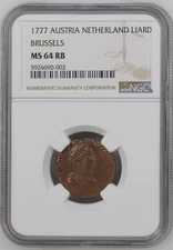 1777 AUSTRIA NETHERLAND BRUSSELS LIARD NGC CERTIFIED COIN MS 64 RB