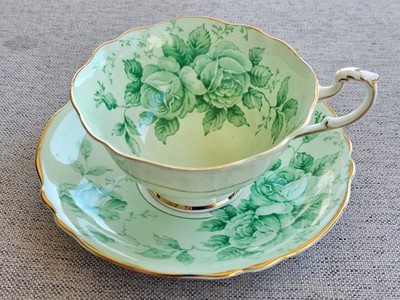 PARAGON TEACUP & SAUCER SET ANTIQUE VINTAGE GREEN WITH CABBAGE ROSE PATTERN