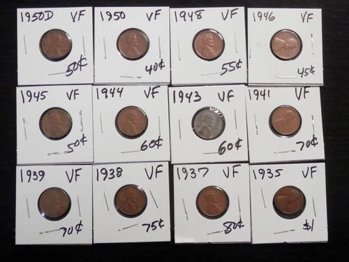 Starter Set 12 Circulated VF Lincoln Wheat Cents 1935 to 1950D