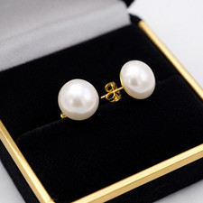 14K Solid Yellow Gold 10mm Crystal Pearl Stud Earrings Classic White Pearl Gift