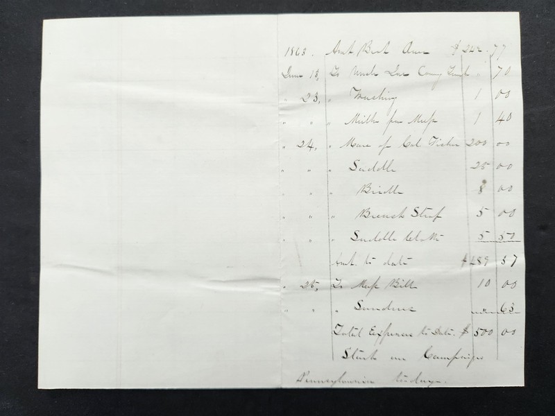 1863 antique CIVIL WAR RECEIPT pa MARE for COL FISHER mess bill SADDLE CLOTH etc