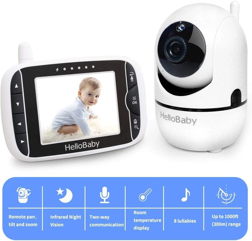 HelloBaby 3.2" Video Baby Monitor w/ Remote Camera Pan-Tilt-Zoom HB6588 - White