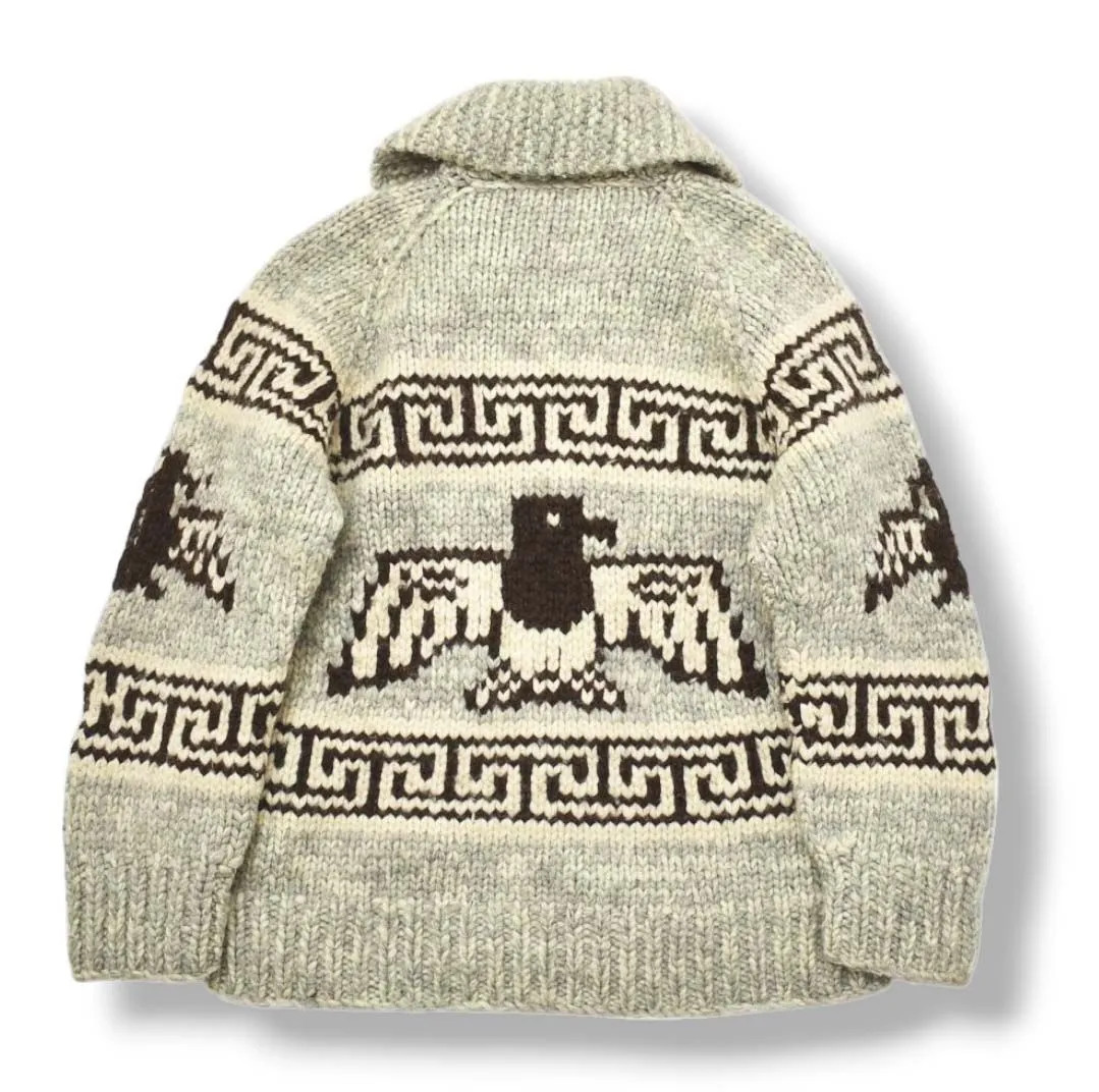 Vintage Zip-Up , Cowichan Knit Sweater with Eagle Pattern in Gray and Brown image 2