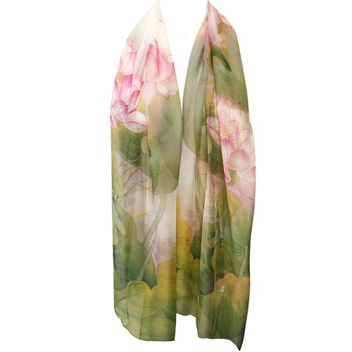 Wrapables® Lightweight Sheer Silky Feeling Chiffon Scarf, Green Lotus Flower - Picture 3 of 5