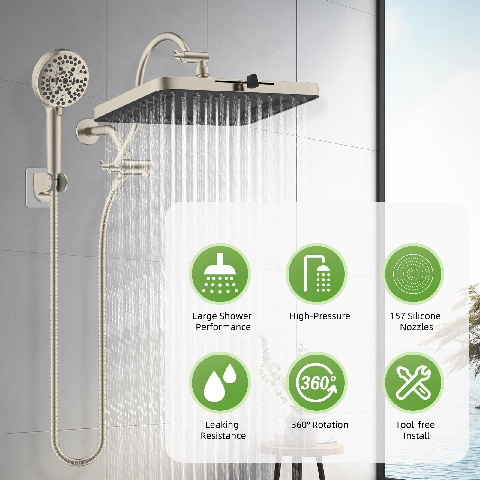High Pressure Rainfall Shower Head Combo with 10-mode Handheld Spray Adjustable