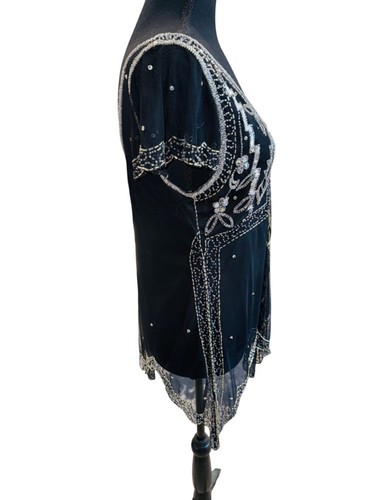 Art Deco-Inspired Black Beaded Fringe Sequin Top Scala L Retro 70s 90s Party - Picture 5 of 12