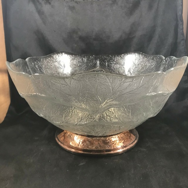 Heavy Clear Glass Cabbage Leaf Punch Bowl with Silverplate Base eBay