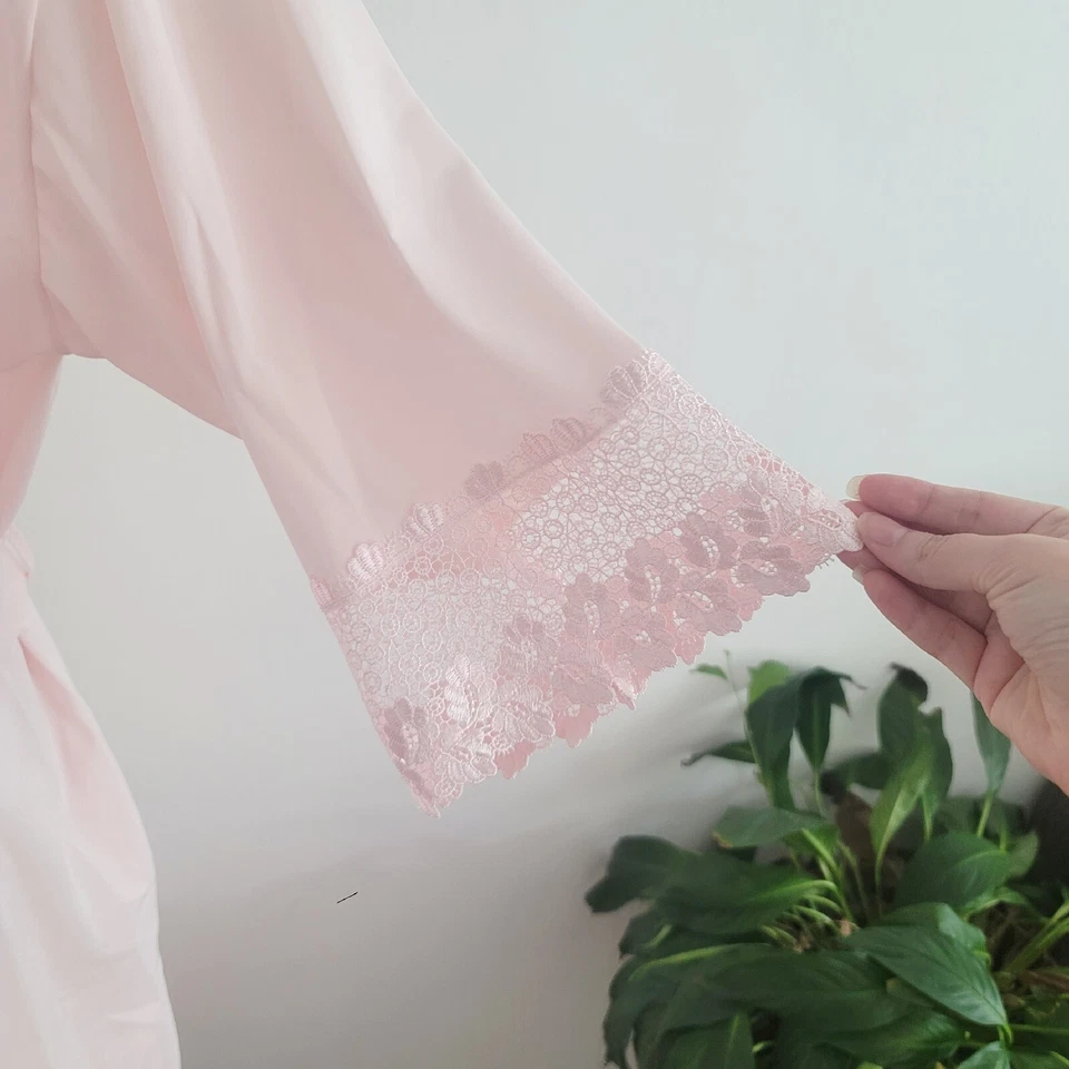 Shadowline Vintage Nylon Peignoir Pink Long Lace Sleevless Night Gown Robe Set S - Image 4 of 4