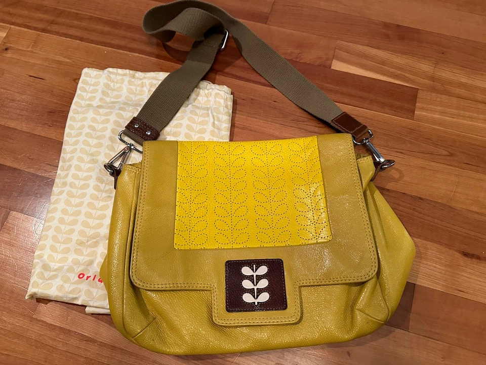 Bandolera/bolso de hombro Orla Kiely raro, difícil de encontrar, vintage, vástago, cuero amarillo Foto 2 de 4
