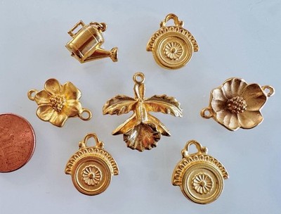 Vintage Gold Tone Metal Floral Watering Can and Fancy Charms Lot 7