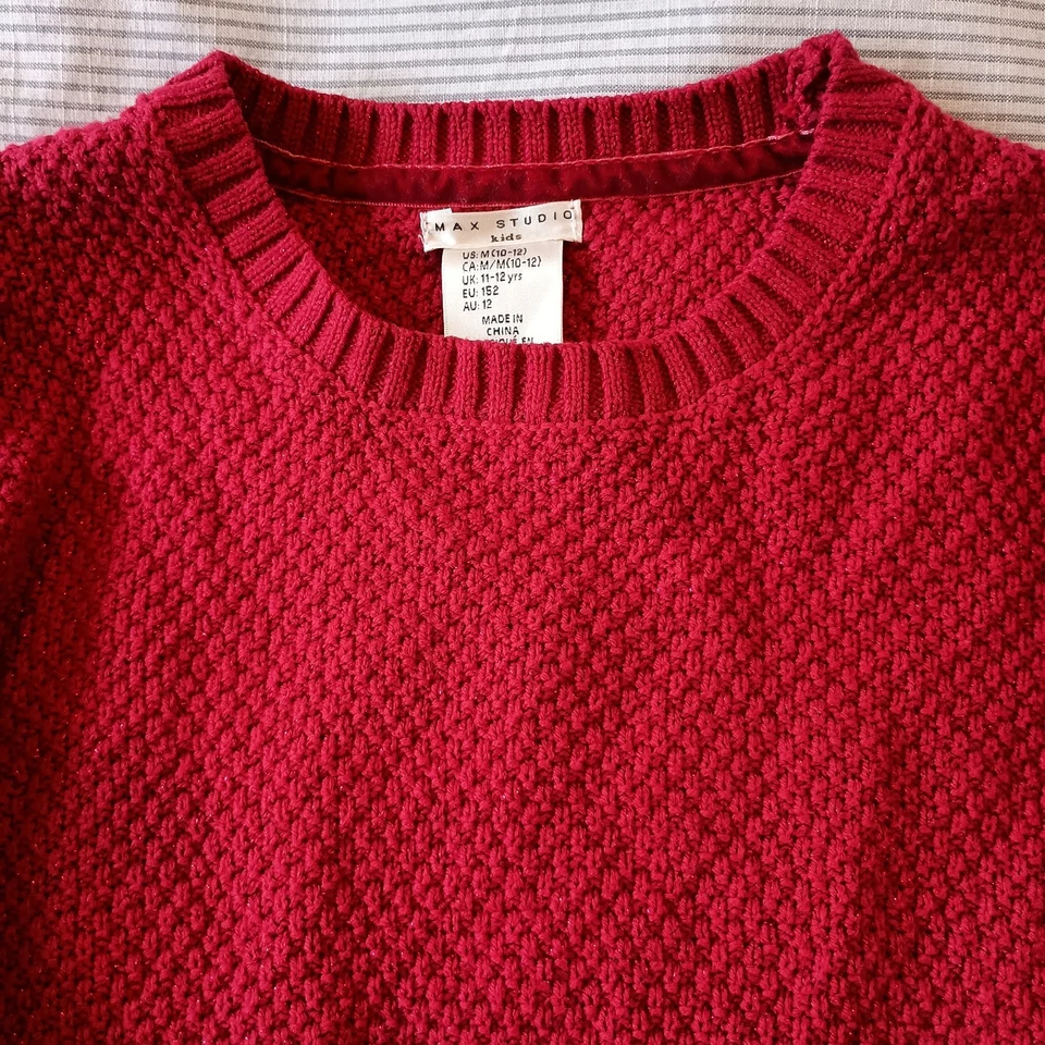 Girls 10/12 Max Studio Kids Holiday Red Cotton Sweater With Lace Bling - Image 3 of 4