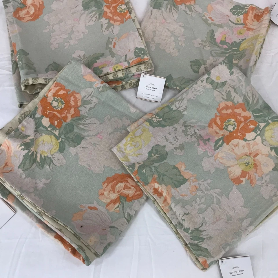 POTTERYBARN ~ ELORA FUNDA DE ALMOHADA MEZCLA DE LINO FLORAL LOTE DE 4 ~ 24" Foto 4 de 4