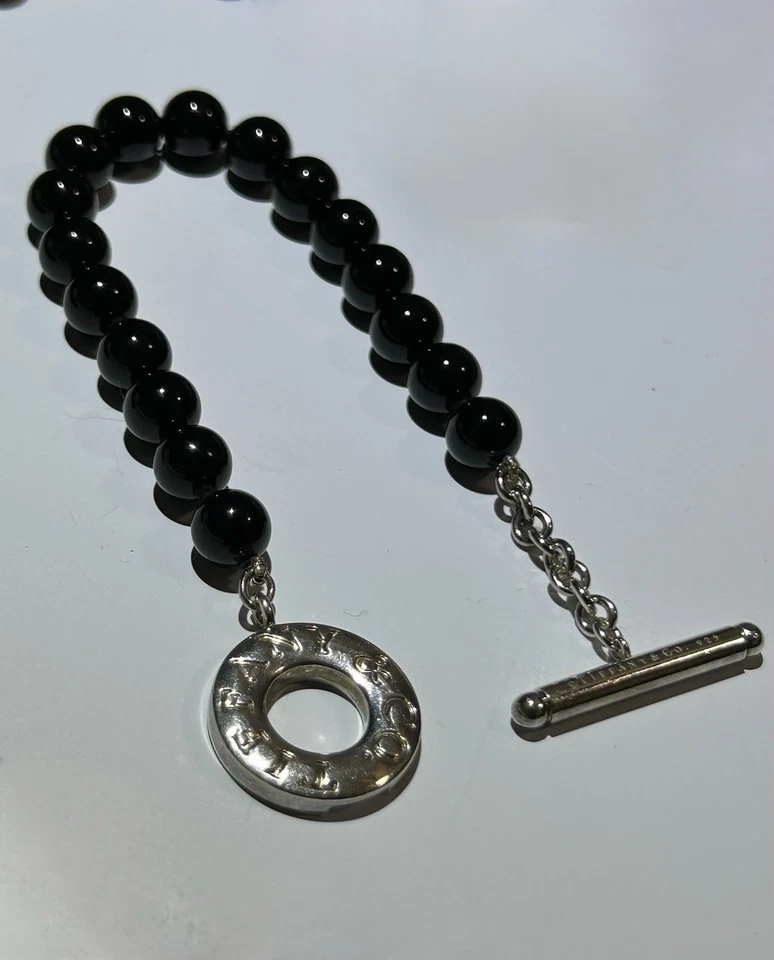 "Brazalete de cuentas Tiffany de ónix negro/plata de ley cuentas largas de 7,5"" de 8 mm" Foto 3 de 4