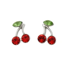 Red Crystal Cherries with Green Crystal Leaf Earring - REC919