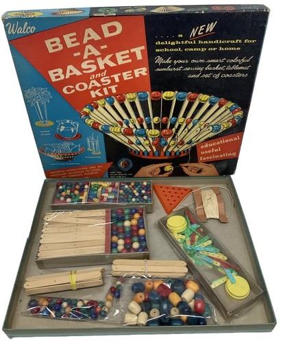 RARE VTG 1956 Walco Bead-a-Basket and Coaster Kit MCM beads, sticks Etc
