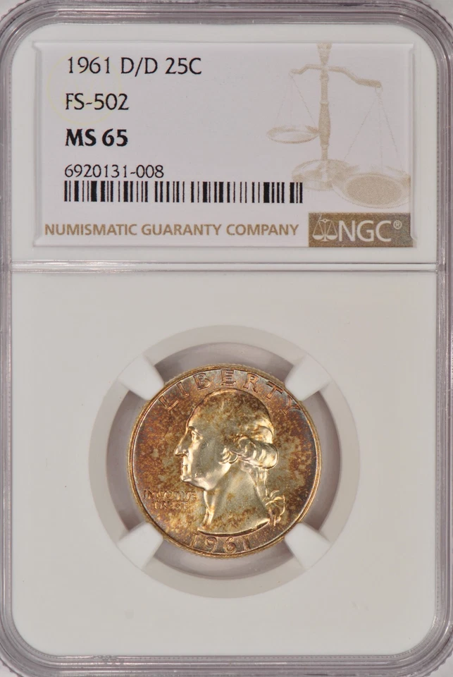 Moneda 25C 1961 D/D Washington Quarter NGC MS 65 MS65 FS-502 variedad tonificada