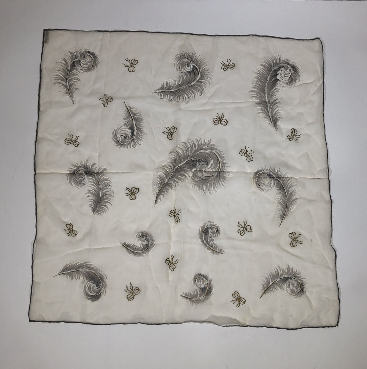 Vintage Burmel Off White / Gray Rolled Hem 100% Silk Scarf Made in
