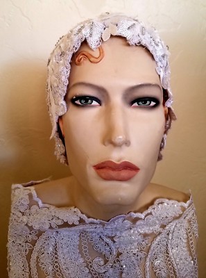 Beaded Embroidered Lace Gatsby Flapper Headpiece Gatsby Style Headpiece With Glass Beads, Feathers, Art Deco  main image 2