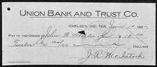 Chelsea, OK 1907 Indian Territory Union Bank and Trust Check - Scarce