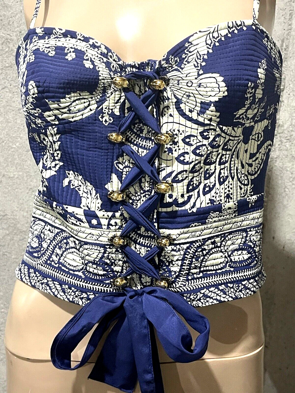 Canotta abito corsetto fiocco stringato blu Valentino Runway vintage IT 44 US 8
