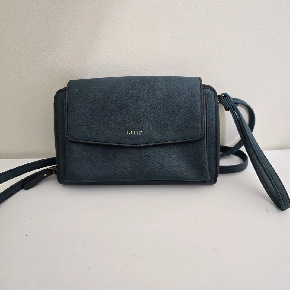 RELIQUIA Grande Verde Azulado Cremallera Alrededor Cartera Muñequera Bandolera Bolsillos Convertible Foto 2 de 4